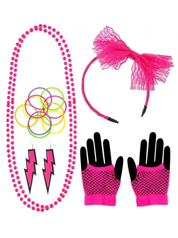 Accessoires mode années 80, rose fluo, femme 5 pièces