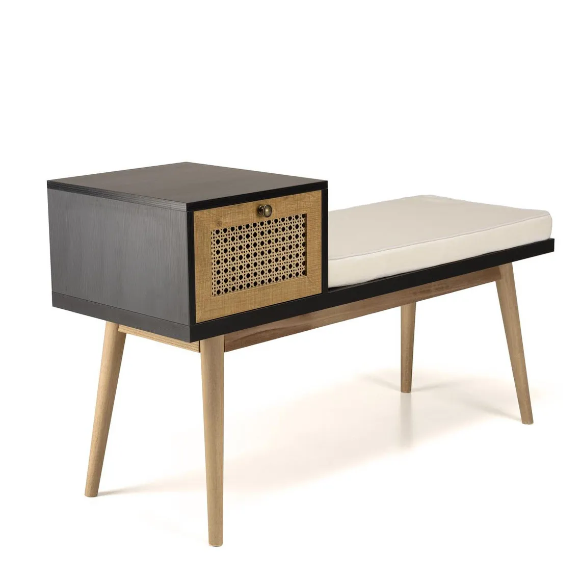 Banc marron assise noire 1 tiroir effet cannage  CHARLIE | 3 Suisses