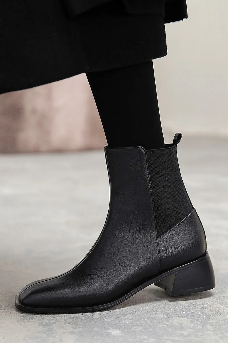 Bottines chelsea femme chic à bout carré en cuir couleur chocolat