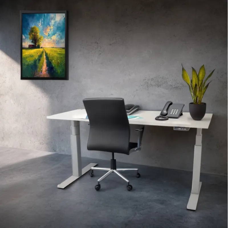 Bureau Assis Debout complet 120 x 80 cm Pied électrique Métal GRIS 2 moteurs Charge 120Kg Plateau Mélaminé Blanc
