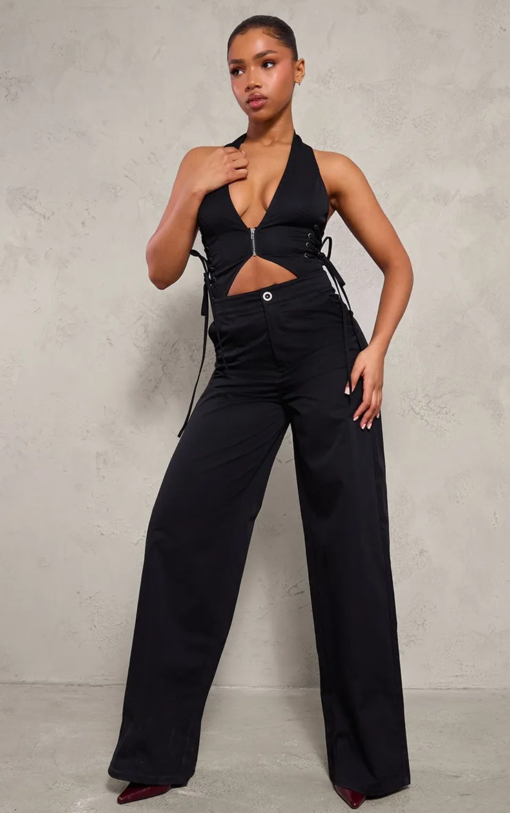 Combinaison tissée dos nu noire à détail zip et lacets