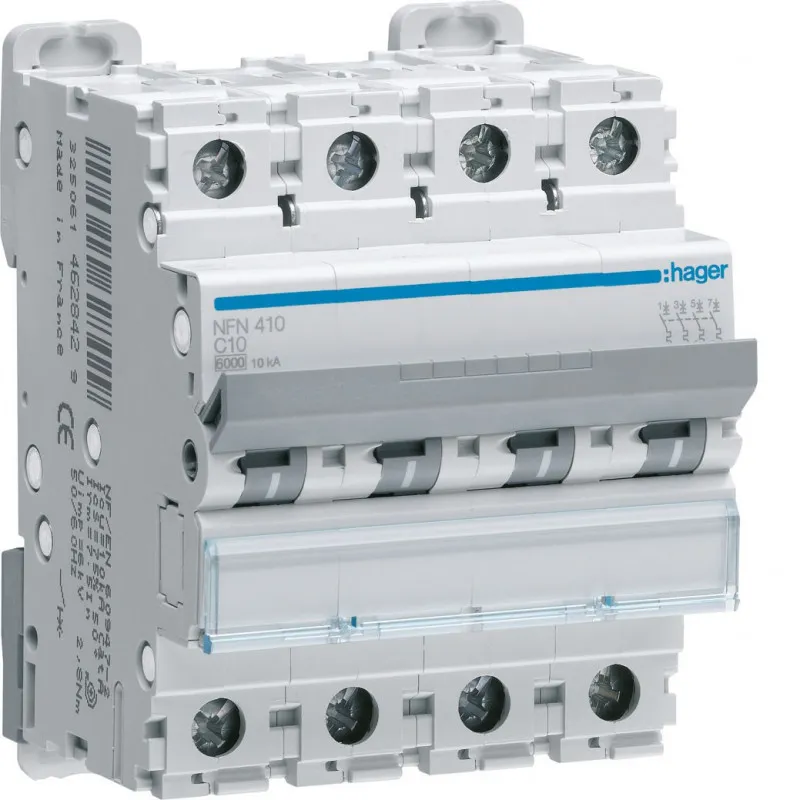 Disjoncteur 4P 10-15kA courbe C - 10A 4 modules (NKN410)