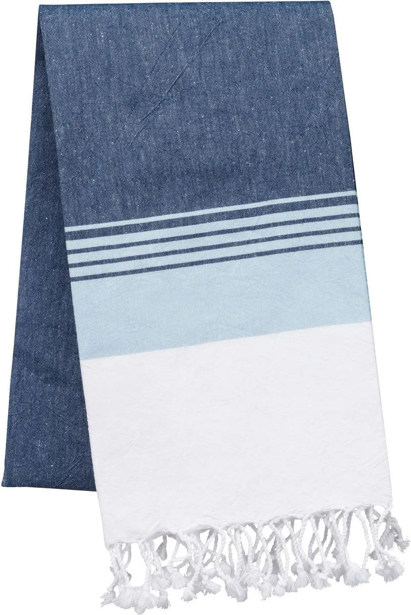 Drap de plage - Fouta à rayures aspect vieilli - K134 - bleu denim et bleu ciel 