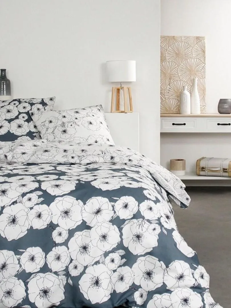 Housse de couette  Sunshine Fleur bleue + taie(s) 100% coton 57 fils - Blanc