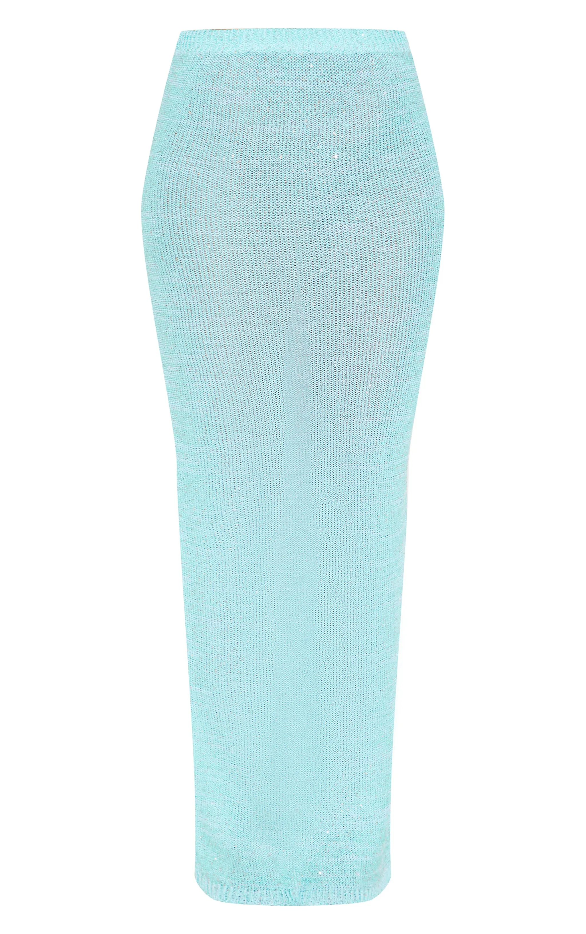 Jupe longue turquoise en maille tricot à sequins et découpe
