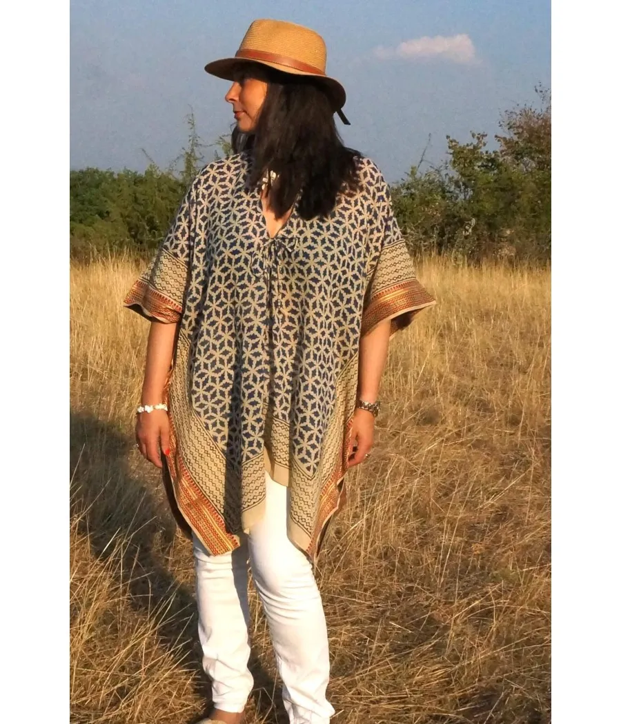 KAFTAN KIMONO PLAGE BOHEME CHIC BLOCKPRINT INDIEN BLEU FILS LUREX