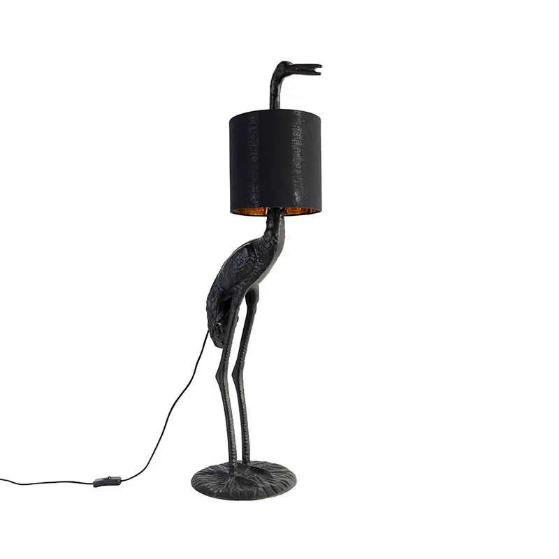 Lampadaire vintage noir avec abat-jour en tissu noir - Crane bird To