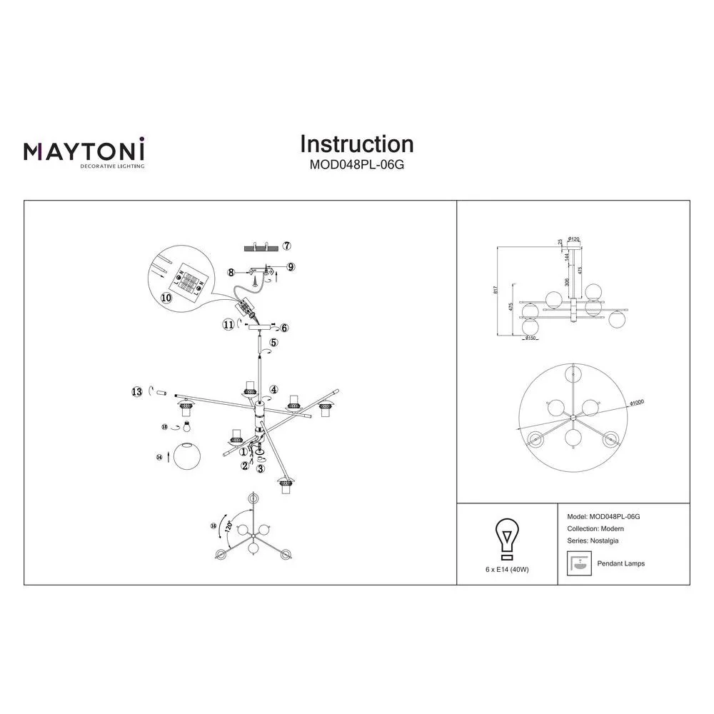 MAYTONI MOD048PL-06G Suspension dorée mat et blanche NOSTALGIA