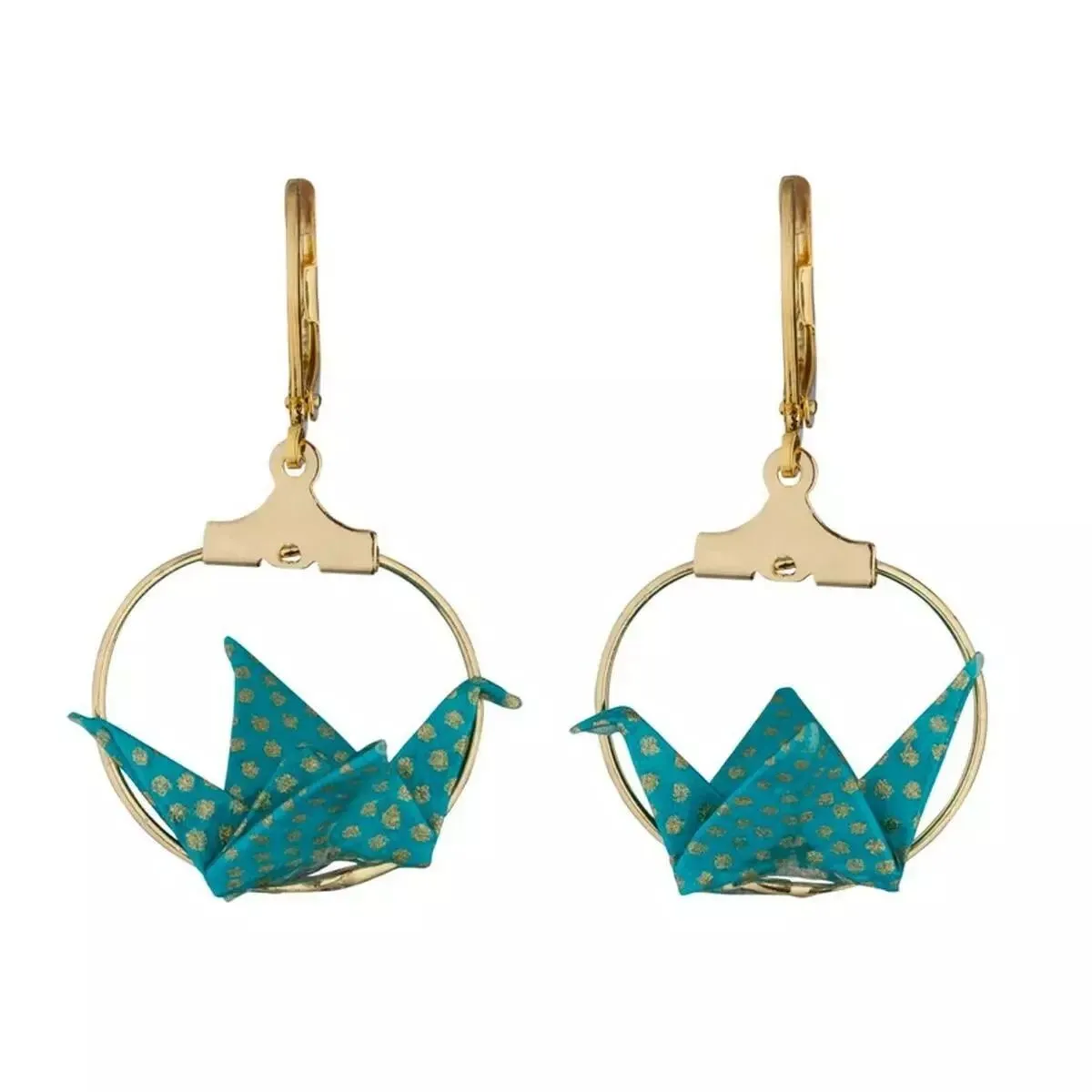 Petite boucle créole dorée à grue origami turquoise foncée et dorée
