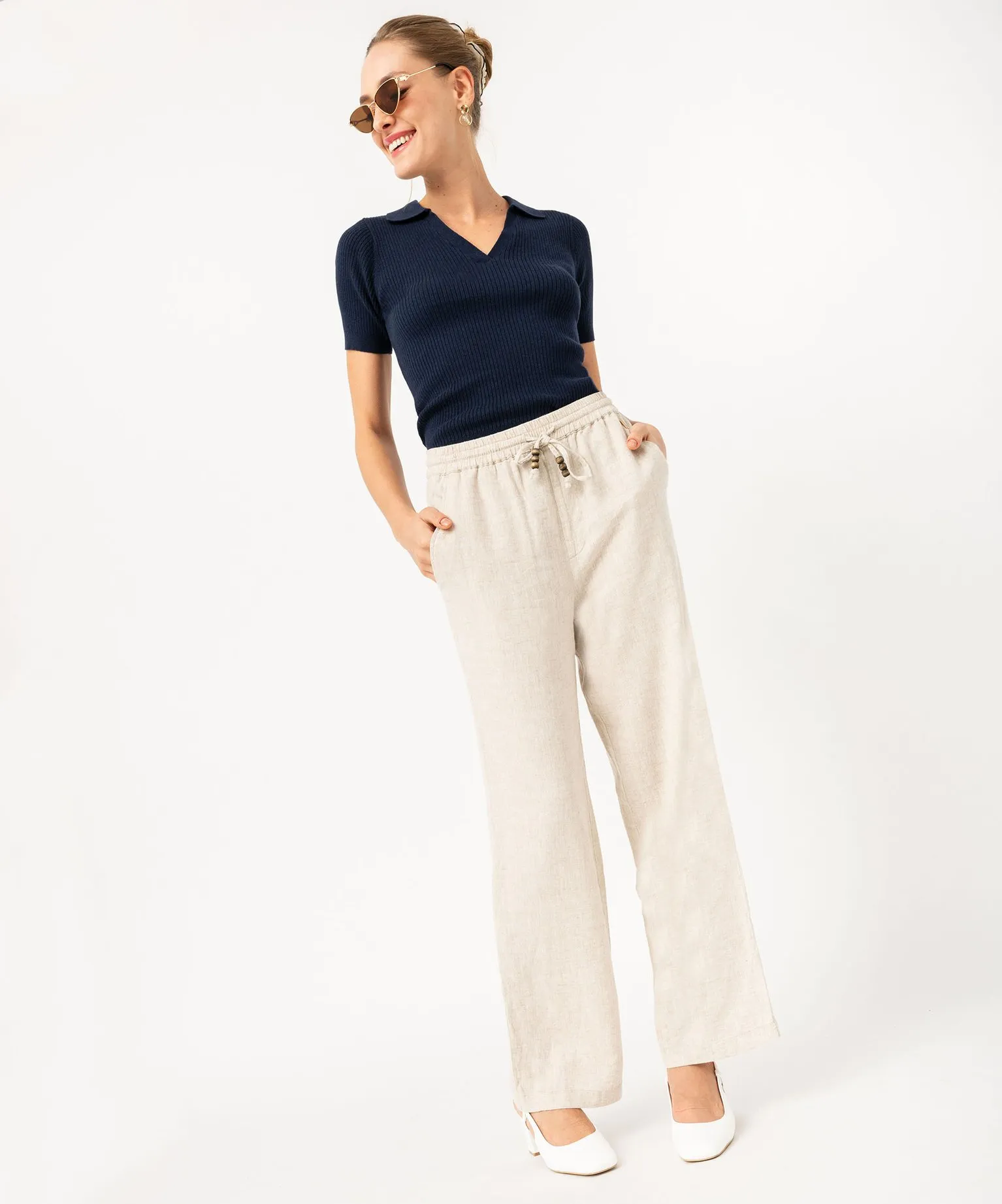Polo à manches courtes en maille côtelée femme - LuluCastagnette bleu fonce