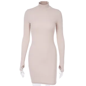 Robe Col Montant Manches Longues Beige