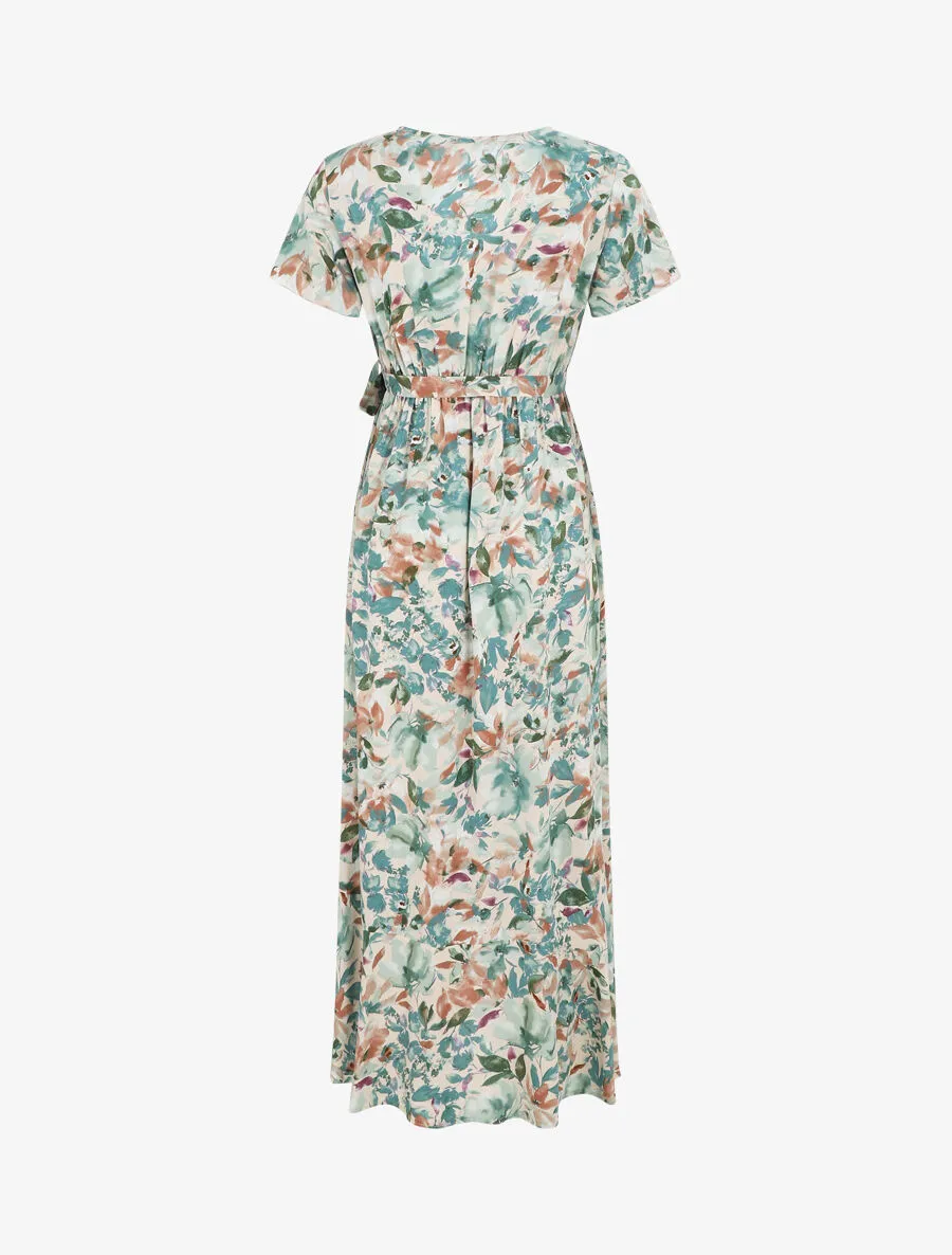 Robe longue fleurie manches courtes - Vert d'eau