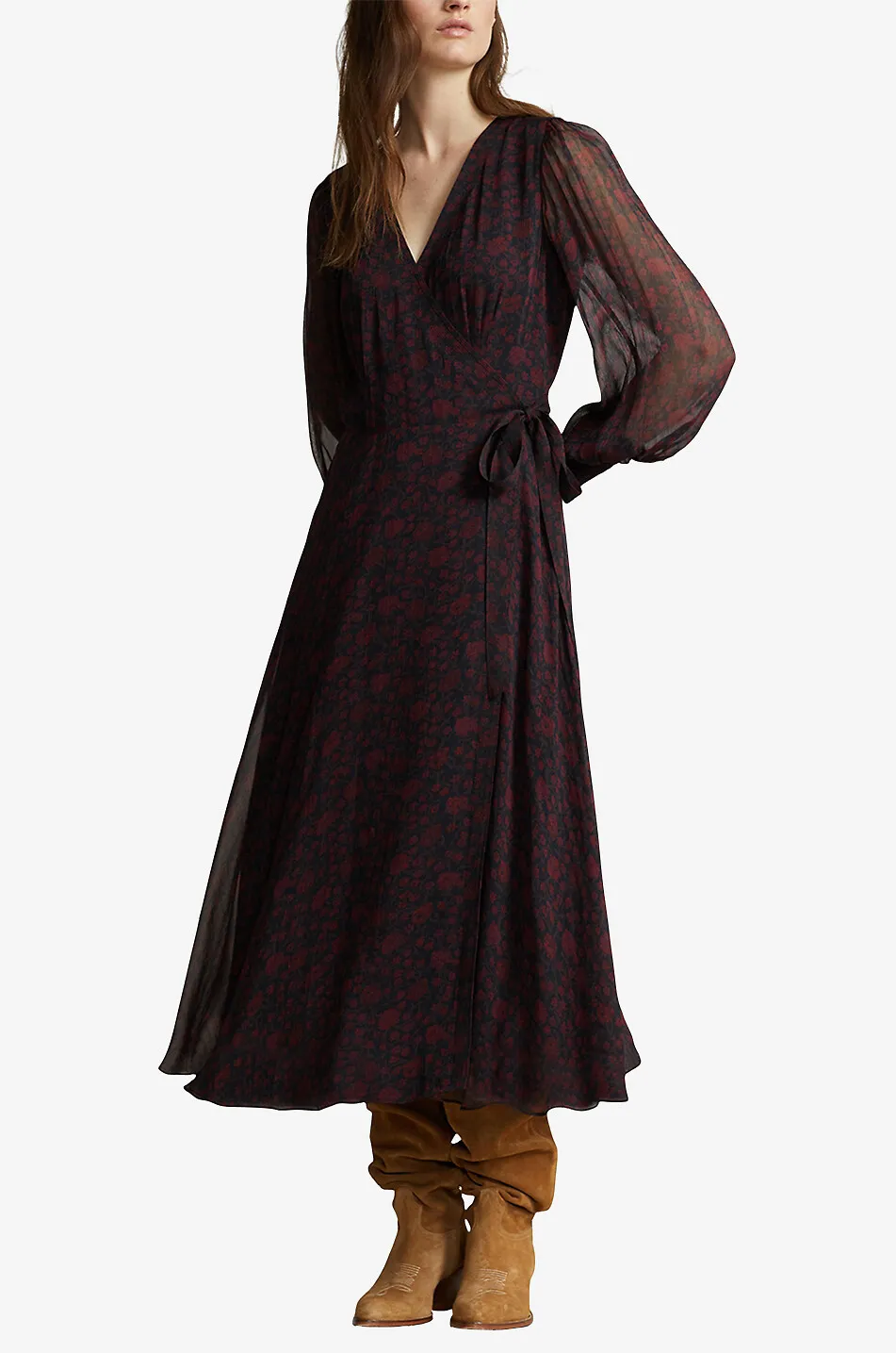 Robe portefeuille midi en georgette fleuri
