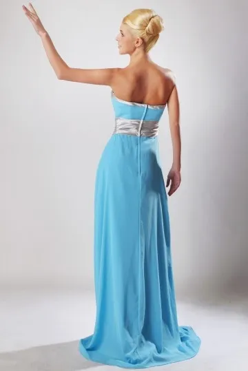 Robe simple turquoise bustier droit taille cintée en mousseline pour mariage
