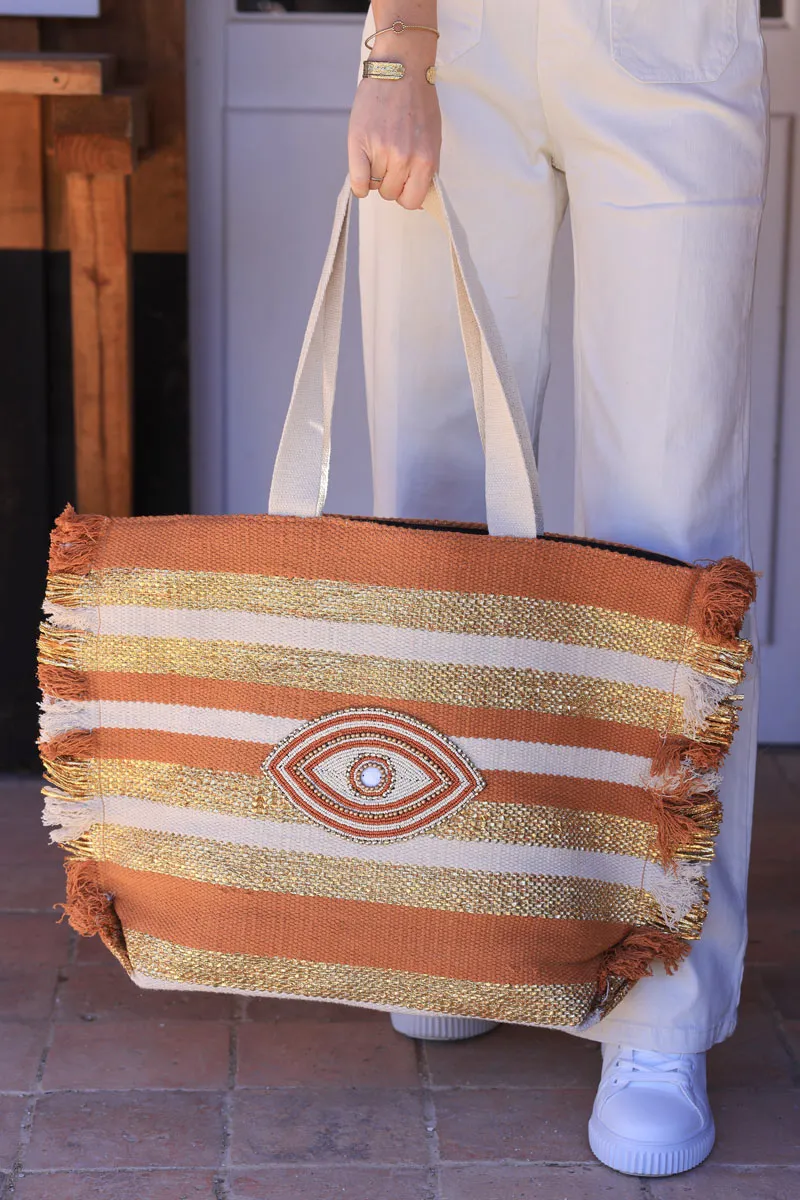 Sac en coton à franges rayures camel beige et gold œil perles