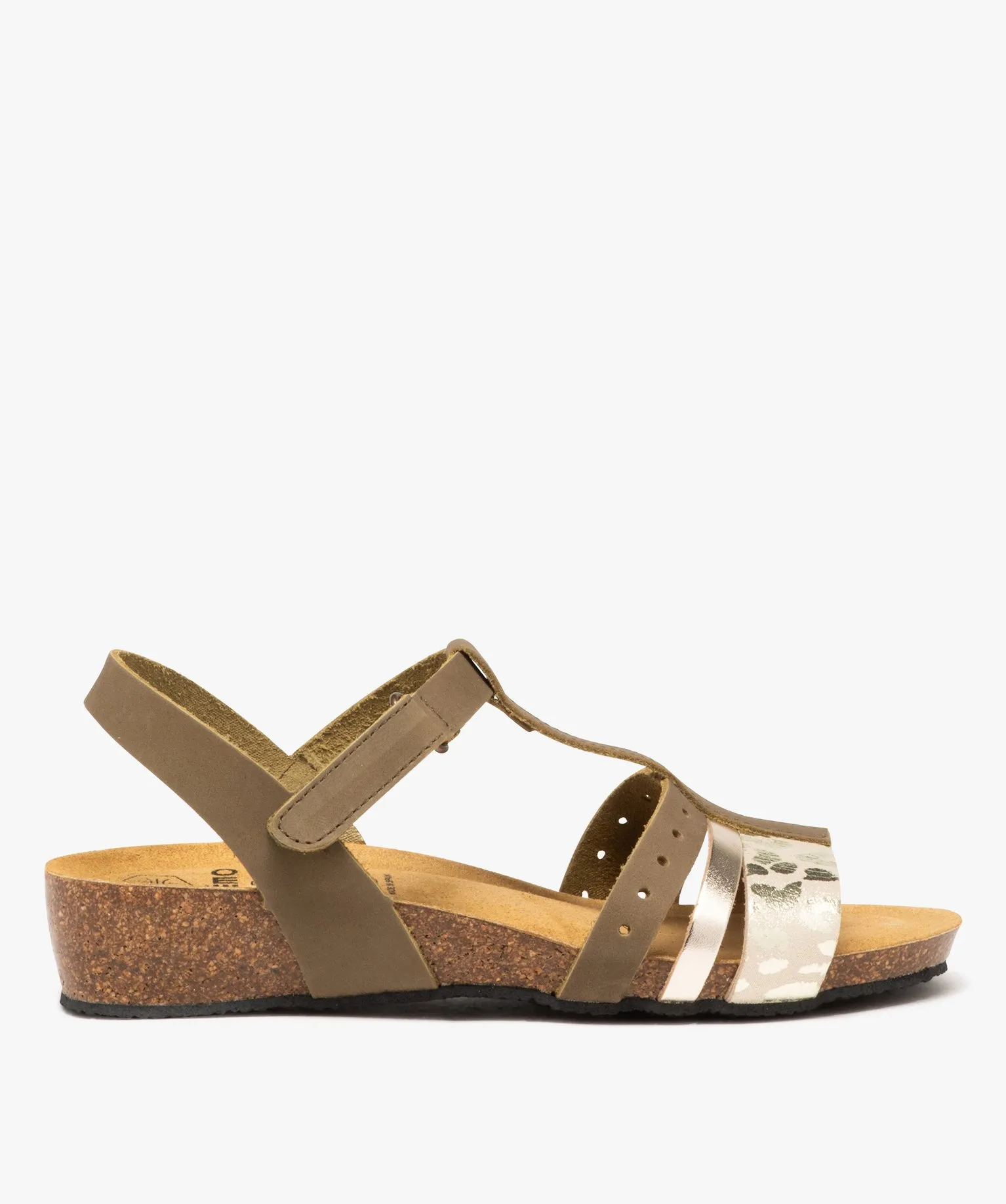 Sandales femme en cuir avec brides fantaisie et à scratch kaki