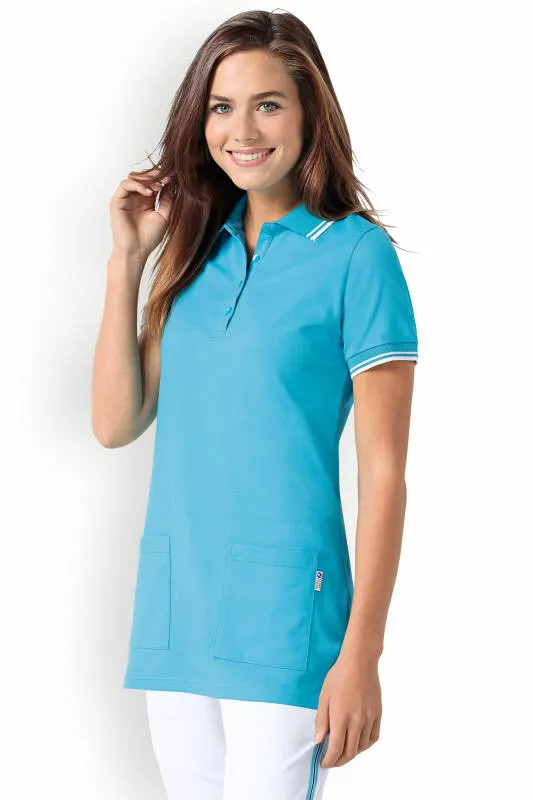 T-shirt long Femme en Piqué - Col polo turquoise/blanc