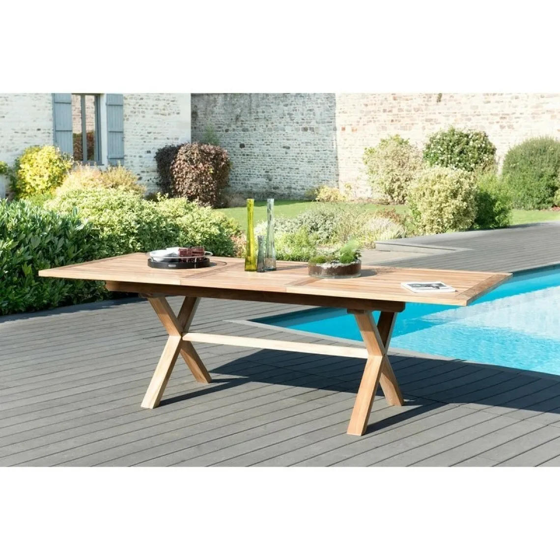 Table de jardin 8/10 personnes - rectangulaire pieds croisés extensible 180/240x100 cm en bois Teck | 3 Suisses