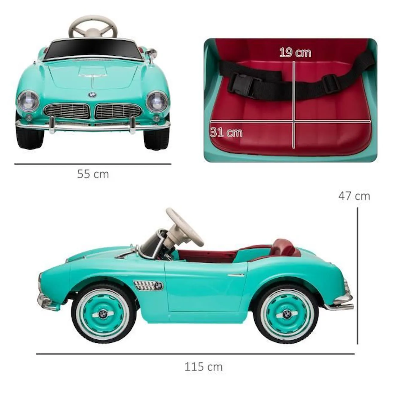 Voiture électrique enfant rétro BMW 507 - V. max. 5 Km/h effets sonores, lumineux, télécommande - turquoise vert - Homcom